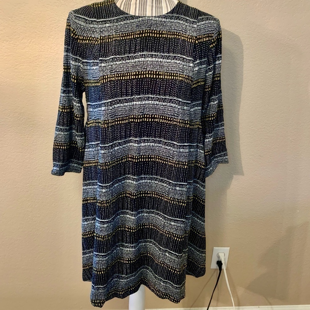 Sale! H&M Tunic Top Sz 10 Black Geometric Pattern White Yellow 100% Viscose Boho